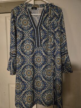 Tacera Blue and Cream Geometric V-Neck Long Sleeve Dress, Sz S-M